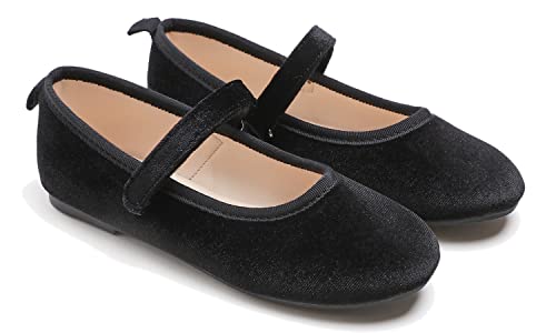 Feversole Girls Cute Dress, Mädchen süßes Kleid Mary Jane Schuhe weiche Party Urlaub Ballerinas schwarz Samt Größe 34 EU von Feversole