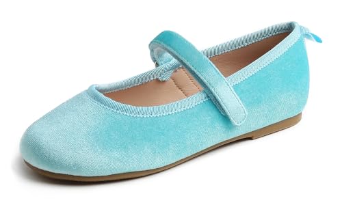Feversole Girls Velvet Cute Dress, Mädchen süßes Kleid Mary Jane Schuhe weiche Party Urlaub Ballerinas Blau Samt Größe 30 EU von Feversole
