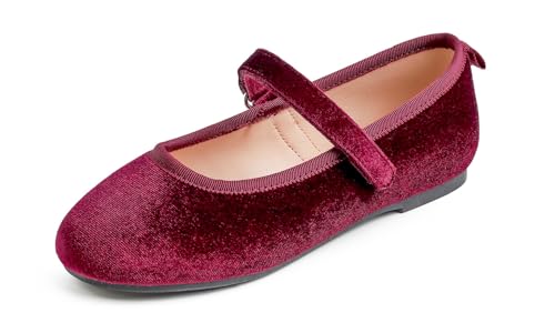 Feversole Girls Velvet Cute Dress, Mädchen süßes Kleid Mary Jane Schuhe weiche Party Urlaub Ballerinas Burgundisch Samt Größe 35 EU von Feversole