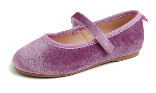 Feversole Girls Velvet Cute Dress, Mädchen süßes Kleid Mary Jane Schuhe weiche Party Urlaub Ballerinas Flieder Samt Größe 33 EU von Feversole