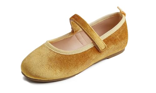 Feversole Girls Velvet Cute Dress, Mädchen süßes Kleid Mary Jane Schuhe weiche Party Urlaub Ballerinas Gelb Samt Größe 31 EU von Feversole