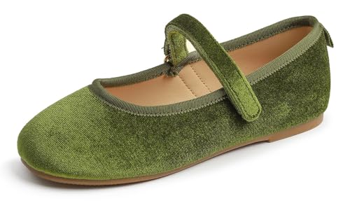 Feversole Girls Velvet Cute Dress, Mädchen süßes Kleid Mary Jane Schuhe weiche Party Urlaub Ballerinas Grün Samt Größe 34 EU von Feversole