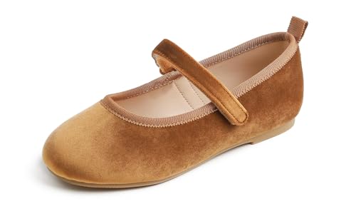 Feversole Girls Velvet Cute Dress, Mädchen süßes Kleid Mary Jane Schuhe weiche Party Urlaub Ballerinas Kamel Samt Größe 33 EU von Feversole