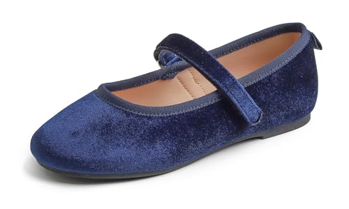 Feversole Girls Velvet Cute Dress, Mädchen süßes Kleid Mary Jane Schuhe weiche Party Urlaub Ballerinas Marineblau Samt Größe 29 EU von Feversole