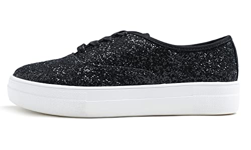 Feversole Glitter Sneaker, Sneaker Damen Schuhe Sportschuhe Tennis Fitness Leichte Atmungsaktiv Straßenlaufschuhe Schlüpfen Schuhe Freizeitschuhe für Damen Schwarz Glitzer Sneaker 38 von Feversole