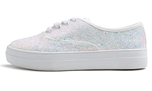 Feversole Glitter Sneaker, Sneaker Damen Schuhe Sportschuhe Tennis Fitness Leichte Atmungsaktiv Straßenlaufschuhe Schlüpfen Schuhe Freizeitschuhe für Damen Weiß Glitzer Sneaker 39 von Feversole