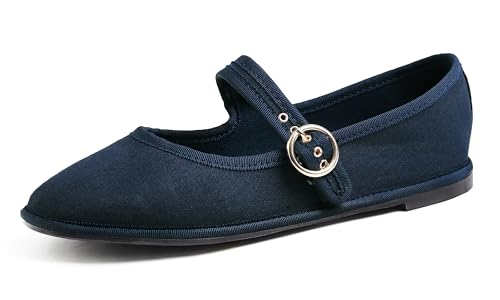 Feversole Mary Jane Halbschuhe,Flach Freizeit Tanzschuhe，Alle Marine Segeltuch 38 von Feversole