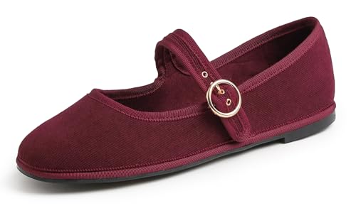 Feversole Mary Jane Halbschuhe,Flach Freizeit Tanzschuhe，Burgunderrot Kord Mary Jane mit runder Schnalle 41 von Feversole