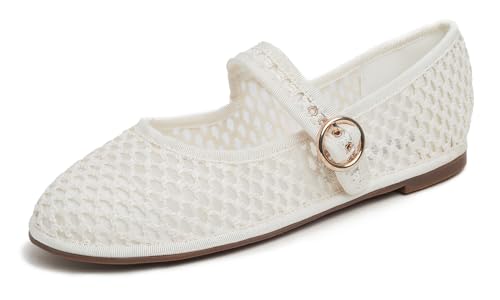 Feversole Mary Jane Halbschuhe,Flach Freizeit Tanzschuhe，Creme gestrickte Mary Jane mit runder Schnalle 41 von Feversole