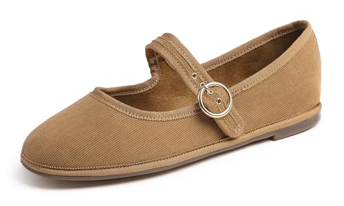 Feversole Mary Jane Halbschuhe,Flach Freizeit Tanzschuhe，Kamel Kord Mary Jane mit runder Schnalle 38 von Feversole