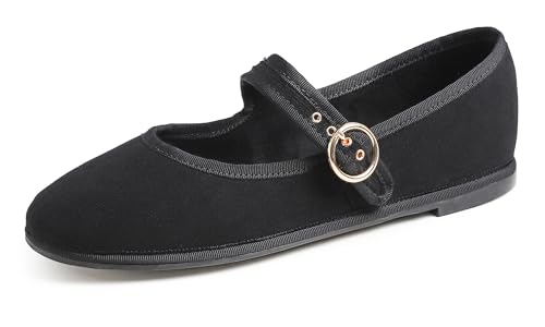 Feversole Mary Jane Halbschuhe,Flach Freizeit Tanzschuhe，Schwarzer Kord Mary Jane mit runder Schnalle 38 von Feversole