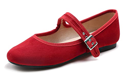 Feversole Mary Jane Halbschuhe,Flach Freizeit Tanzschuhe Rot Fell Wildleder 38.5 EU von Feversole