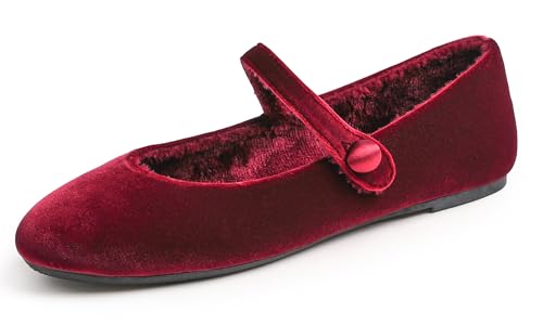 Feversole Mary Jane Lack Damenschuhe Flache Pumps geschlossen Bequeme Schuhe Burgundisch Samtpelz gefüttert 41 EU von Feversole