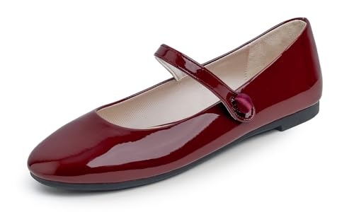 Feversole Mary Jane Lack Damenschuhe Flache Pumps geschlossen Bequeme Schuhe Helles Burgundisch 37 von Feversole