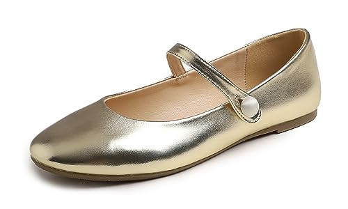 Feversole Mary Jane Lack Damenschuhe Flache Pumps geschlossen Bequeme Schuhe Helles Gold 38 von Feversole