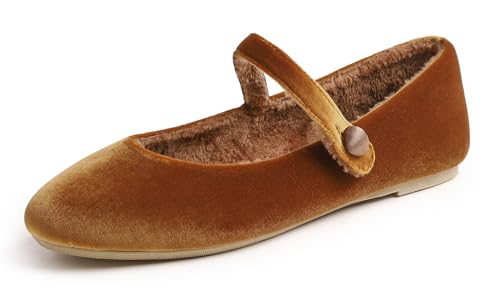 Feversole Mary Jane Lack Damenschuhe Flache Pumps geschlossen Bequeme Schuhe Kamel Samtpelz gefüttert 37 EU von Feversole