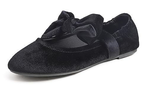 Feversole Mary Jane Lack Damenschuhe Flache Pumps geschlossen Bequeme Schuhe Samt Bogen schneiden Schwarz 39 EU von Feversole