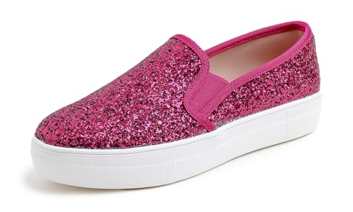 Feversole Modischer Damen-Sneaker zum Reinschlüpfen, lässig, Plateau-Loafer, Plateau, Fuchsia, Glitzer von Feversole