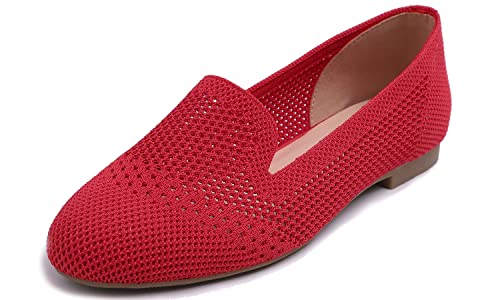 Feversole Round Loafer, Damen Ballerina Slip On Spitz Schuhe rutschfest Flach Stricken Sneaker Bequem Sommer Elegant Sportlich Flat Shoes Frauen Rot Runder Loafer 37 EU von Feversole