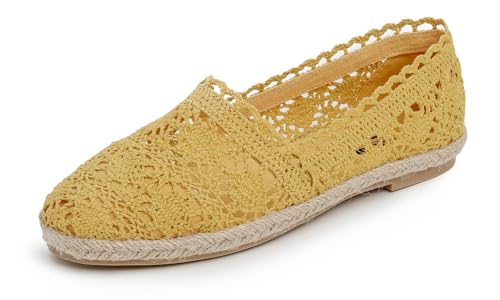 Feversole Round Toe Crochet Jute Balle, Ballett-Häkelflatschen Bequeme und atmungsaktive Schuhe für Frauen Gelb Stricken Häkeln Jute Größe 39 EU von Feversole