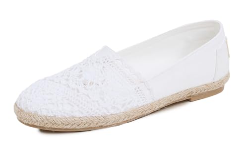 Feversole Round Toe Crochet Jute Balle, Ballett-Häkelflatschen Bequeme und atmungsaktive Schuhe für Frauen Weißes Segeltuch Stricken Häkeln Jute Größe 40 EU von Feversole