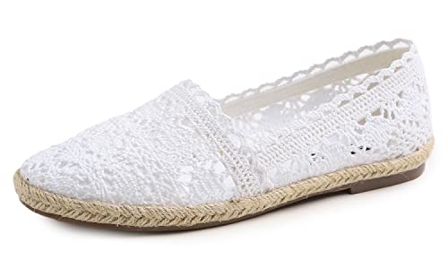 Feversole Round Toe Crochet Jute Balle, Ballett-Häkelflatschen Bequeme und atmungsaktive Schuhe für Frauen Weiß Stricken Häkeln Jute Größe 37 EU von Feversole