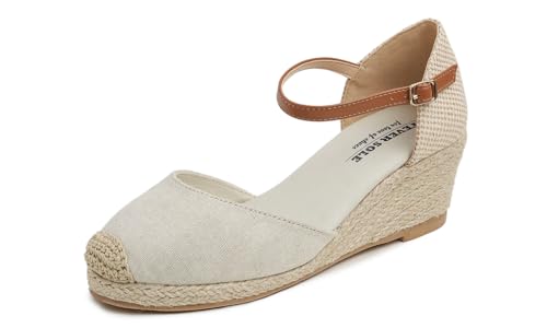 Feversole Slingback Sandalen Damen Espadrilles Plateau Wedges Sandaletten mit Geschlossene Keilabsatz Sommerschuhe Sommer Pumps Frauen Leinen Maschenkeil aus Jute 37 von Feversole