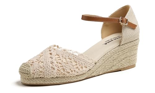 Feversole Slingback Sandalen Damen Espadrilles Plateau Wedges Sandaletten mit Geschlossene Keilabsatz Sommerschuhe Sommer Pumps Frauen Schuhe Beige Keil Stricken häkeln Jute 41 von Feversole