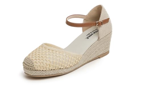 Feversole Slingback Sandalen Damen Espadrilles Plateau Wedges Sandaletten mit Geschlossene Keilabsatz Sommerschuhe Sommer Pumps Frauen Schuhe Beige Maschenkeil aus Jute 38 von Feversole