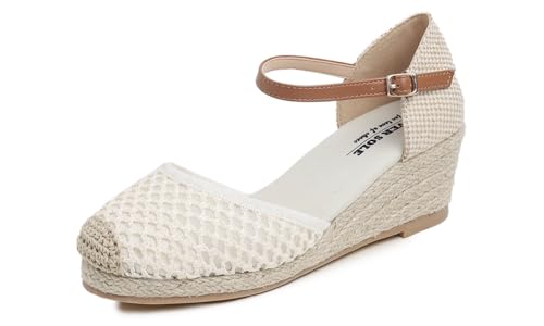 Feversole Slingback Sandalen Damen Espadrilles Plateau Wedges Sandaletten mit Geschlossene Keilabsatz Sommerschuhe Sommer Pumps Frauen Schuhe Creme Maschenkeil aus Jute 38 von Feversole
