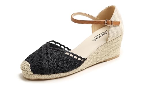 Feversole Slingback Sandalen Damen Espadrilles Plateau Wedges Sandaletten mit Geschlossene Keilabsatz Sommerschuhe Sommer Pumps Frauen Schuhe Schwarzer Wedge Strick Häkelarbeit Jute 39 von Feversole