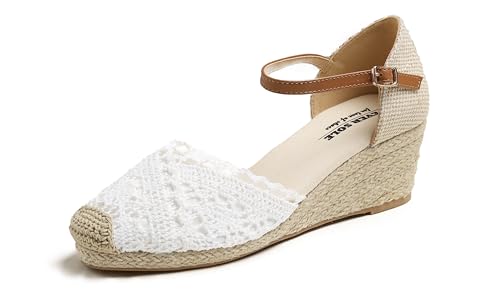 Feversole Slingback Sandalen Damen Espadrilles Plateau Wedges Sandaletten mit Geschlossene Keilabsatz Sommerschuhe Sommer Pumps Frauen Schuhe Weißer Keil Stricken Häkeln Jute 41 von Feversole