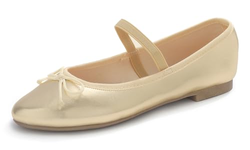 Feversole Soft Round Ballerina, Damen Klasssische Ballerinas Balerinaschuhe Flach Damenschuhe Goldfarbene Mary Jane aus veganem Leder mit Segeltuchfutter 38 EU von Feversole