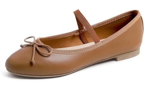Feversole Soft Round Ballerina, Damen Klasssische Ballerinas Balerinaschuhe Flach Damenschuhe Kamelfarbene Mary Jane aus veganem Leder mit Canvas 39 EU von Feversole