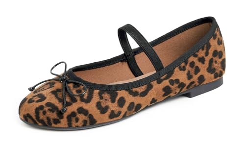 Feversole Soft Round Ballerina, Damen Klasssische Ballerinas Balerinaschuhe Flach Damenschuhe Leopard Mary Jane mit Canvas 42 EU von Feversole
