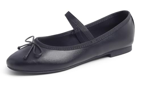 Feversole Soft Round Ballerina, Damen Klasssische Ballerinas Balerinaschuhe Flach Damenschuhe Schwarze Mary Jane aus veganem Leder mit Segeltuchfutter 37 EU von Feversole
