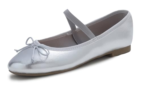 Feversole Soft Round Ballerina, Damen Klasssische Ballerinas Balerinaschuhe Flach Damenschuhe Silberne Mary Jane aus Veganleder mit Segeltuchfütterung 39 EU von Feversole