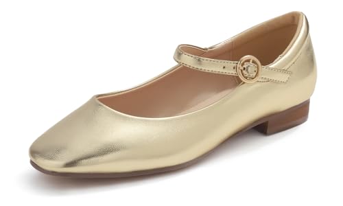Feversole Square Mary Jane Halbschuhe,Flach Freizeit Tanzschuhe Gepolsterter Knöchel Niedriger Absatz Slip On Flats Gold Veganes Leder 38 EU von Feversole