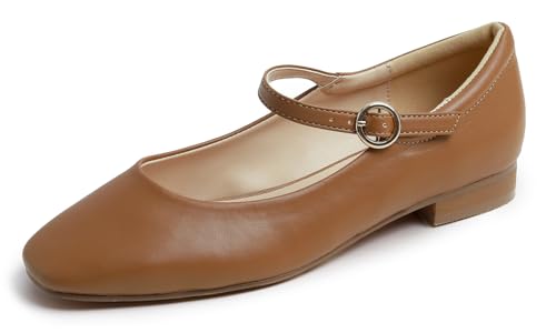 Feversole Square Mary Jane Halbschuhe,Flach Freizeit Tanzschuhe Gepolsterter Knöchel Niedriger Absatz Slip On Flats Kamelfarbenes Veganes Leder 39 EU von Feversole