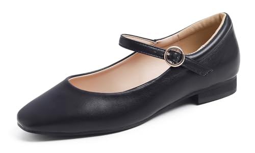 Feversole Square Mary Jane Halbschuhe,Flach Freizeit Tanzschuhe Gepolsterter Knöchel Niedriger Absatz Slip On Flats Schwarzes Veganes Leder 38 EU von Feversole