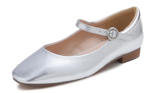 Feversole Square Mary Jane Halbschuhe,Flach Freizeit Tanzschuhe Gepolsterter Knöchel Niedriger Absatz Slip On Flats Silber Veganes Leder 39 EU von Feversole