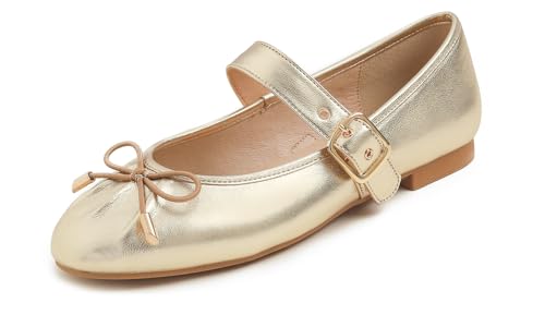 Feversole Square Toe Wrinkle Mary Jane Halbschuhe,Flache Freizeittanzschuhe Quadratische Zehe Fältchen Mary Jane Gold 38 von Feversole