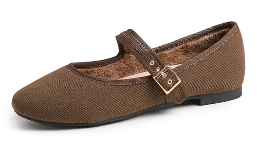 Feversole Velvet Mary Jane Halbschuhe,Flach Freizeit Tanzschuhe Braune Cord-Mary Jane mit kurzem Plüsch EU 39 von Feversole