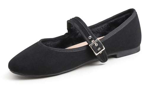 Feversole Velvet Mary Jane Halbschuhe,Flach Freizeit Tanzschuhe Schwarz Cord-Mary Jane mit kurzem Plüsch EU 38 von Feversole