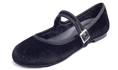 Feversole Velvet Mary Jane Halbschuhe,Flach Freizeit Tanzschuhe Schwarz Samt EU 38.5 von Feversole