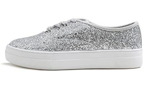 Feversole Women's Fashion Dress Sneakers Party Bling Casual Flats Embellished Shoes Silver Platform Glitter Lace Size 3.5 von Feversole