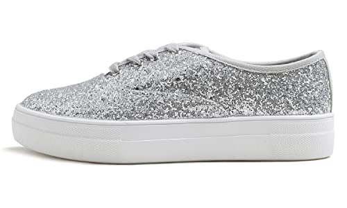 Feversole Women's Fashion Dress Sneakers Party Bling Casual Flats Embellished Shoes Silver Platform Glitter Lace Size 4 von Feversole