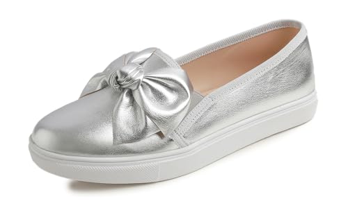 Feversole Women's Fashion Slip-On Sneaker Casual Flat Loafers,Trendy Slip-on-Sneakers für lässige Flachsadler für Frauen Silber Veganes Leder Leder 38.5 von Feversole