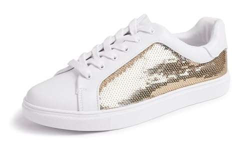 Feversole Women's Fashion Sparkle Sequin Lace Up,Damen Sneaker Atmungsaktiv Turnschuhe Leicht Laufschuhe Sportschuhe Freizeitschuhe Paillette Gold 41 EU von Feversole