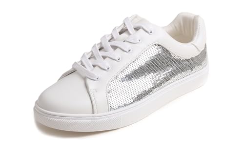 Feversole Women's Fashion Sparkle Sequin Lace Up,Damen Sneaker Atmungsaktiv Turnschuhe Leicht Laufschuhe Sportschuhe Freizeitschuhe Paillette Silber 37 EU von Feversole